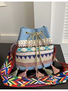 Ethnic Style Canvas Bucket Bag With Embroidery Tassels Colorful Wide Strap Bohemian Drawstring Crossbody For Women