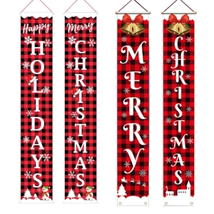Detail view of red and black buffalo plaid Christmas banners with festive holiday graphics