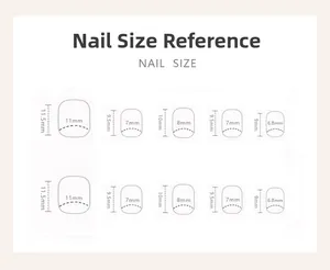 Detailed size guide chart showing width and height measurements for short round press-on nails