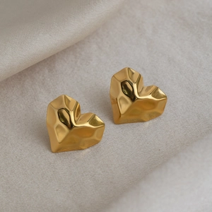 French vintage 18K gold plated heart stud earrings with geometric faceted design