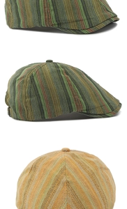 Détail de bérets en coton-lin rayés de style vintage en vert olive et jaune terre