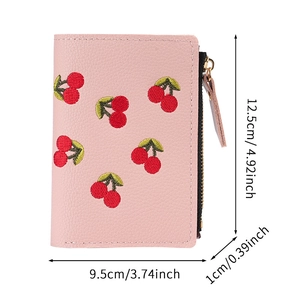 Pink short wallet with cherry embroidery, lychee texture PU leather, 12.5x9.5cm dimensions