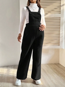 Fashionable black corduroy maternity overalls with elastic waist and wide leg design
