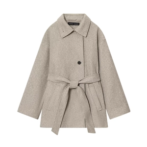 Oatmeal wool double-collar coat with matching belt and single-button closure