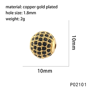 10mm gold plated round bead with black zircon pavé for DIY necklace making