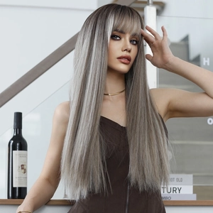 Long straight ash brown ombré synthetic wig with bangs for a stylish feminine look