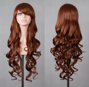 Front and back view of 80cm auburn brown long wavy cosplay wig with bangs
