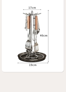Rotating stainless steel utensil rack with wooden handle tools showing size dimensions