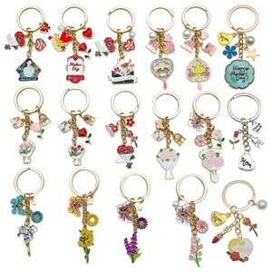 Collection of 17 floral Mother's Day enamel keychains with pearls and heart charms
