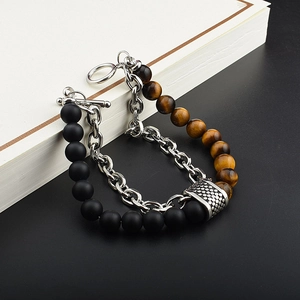 Double-layered tiger eye and matte black bead bracelet with silver chain and T-bar clasp