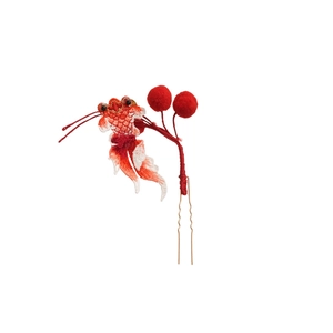 Chinese style hair clip with red embroidered goldfish and fluffy pompoms on white base