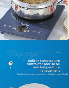 Gros plan d'une friteuse en acier inox 304 avec thermomètre sur plaque à induction