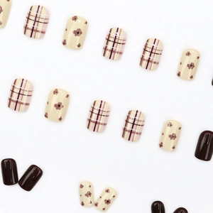 Short square press-on nails with autumn cream brown plaid and floral patterns