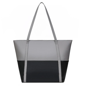 Minimalist large capacity tote bag in black and gray PU leather with double shoulder straps