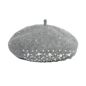 Elegant grey wool beret for women with pearl and rhinestone accents for autumn winter