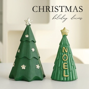 Set of two green resin Christmas tree ornaments with star and Noel text decorations