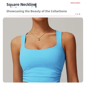 Sky blue sports vest with elegant square neckline and side pleats close-up detail