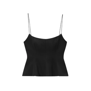 Sexy black spaghetti strap peplum top with ruffled hem for women on white background