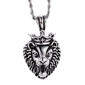 Hip hop style silver stainless steel lion king head pendant with crown on white background