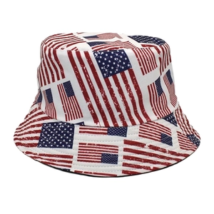 Reversible American flag print bucket hat with distressed stars and stripes design