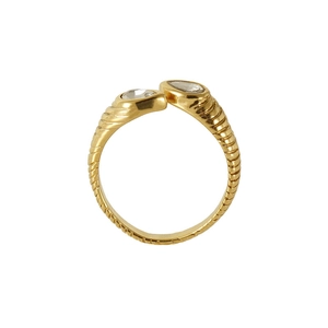 Gold plated open ring with textured screw pattern and double zircon stones