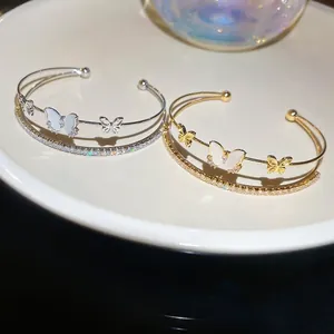 Elegant double-layer butterfly cuff bracelets with sparkling cubic zirconia in gold and silver