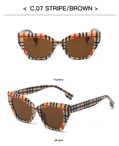 Front and 45-degree side view of vintage cat eye sunglasses with stripe patterns