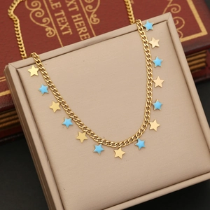 Chic gold stainless steel chain necklace with blue enamel and gold star pendants