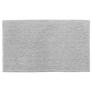 Absorbent light grey chenille bathroom mat with non-slip backing on white background