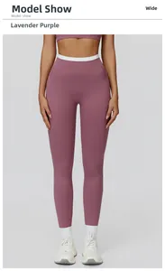 Detailansicht der lavendelfarbenen Yoga-Leggings mit hohem Bund und weißen Kontrastnähten