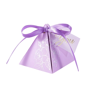 Elegant purple pyramid wedding favor box with ribbon and floral silver line patterns