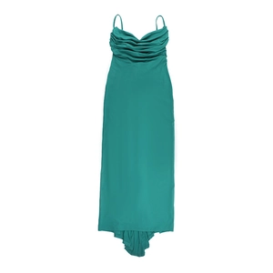 Detail of teal backless maxi dress featuring pleated cowl neck and delicate straps