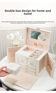 Macro detail of multi-layer jewelry organizer with pink velvet lining and portable mini box