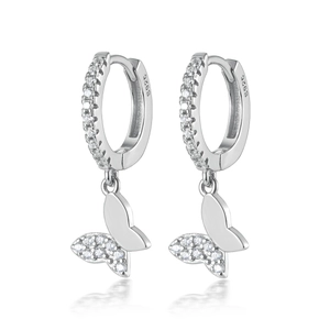 S925 sterling silver butterfly hoop earrings with sparkling cubic zirconia on white background