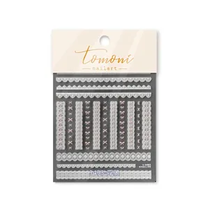 Self-adhesive 3D embossed nail art stickers with white lace and pink bow designs