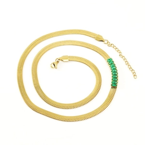 Gold stainless steel snake chain necklace with green rectangle zircon pendant on white background