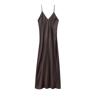 Detail of a chocolate brown satin maxi dress with V-neckline and smooth silk texture