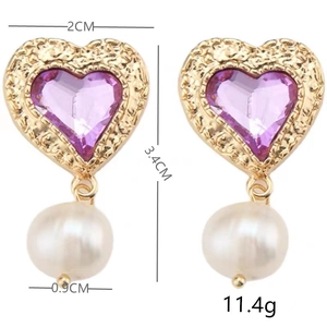Elegant S925 silver vintage heart earrings with purple gems and white pearls