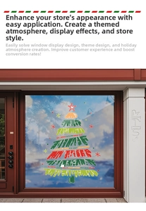 Hand-painted colorful Christmas tree glass sticker on a shop window display