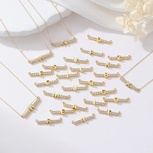 Alphabet A-Z Letter Jewelry Connectors Copper Zircon Gold Plated Double Loop Bar Charms For DIY Necklace Bracelet Making