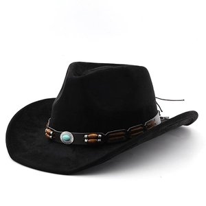 Classic black faux suede cowboy hat with turquoise ethnic beaded band for men and women