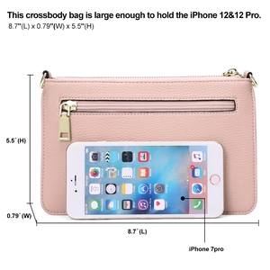 Detailed dimensions of pink pebble leather crossbody bag with smartphone comparison