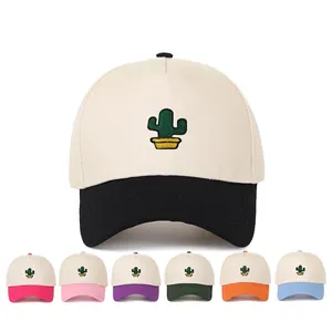 Casquette De Baseball Broderie Cactus Bicolore Couleur Contrastée Sergé De Coton Snapback Réglable Protection Solaire Extérieur Unisexe