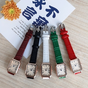 Square quartz watch with roman numerals and vintage leather strap in multiple colors