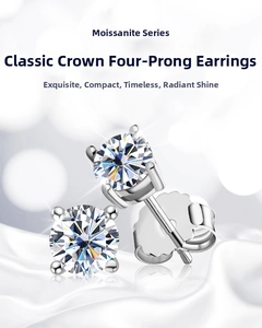 Detail of classic four-prong moissanite earrings on white silk with bokeh light effect