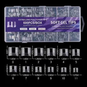 Size chart showing 12 sizes of transparent long matte nail tips in a 600-piece box