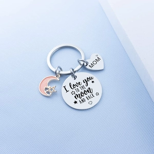 Polished stainless steel keychain for Mom with Moon and Back engraving and heart charm