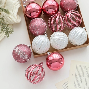 Pink and white 8cm Christmas ball ornament set in a gift box for tree decoration