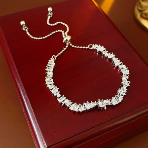 Close-up of adjustable star pearl bracelet with zircon stones and sliding clasp