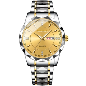 Men's quartz watch with gold diamond dial and two-tone stainless steel band showing date
